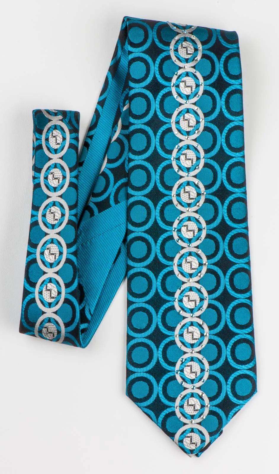 Roberta di Camerino Tie Silver Turquoise Circles On Navy Blue With Rhinestones