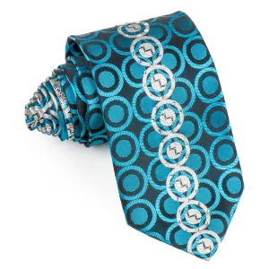 Roberta di Camerino Tie Silver Turquoise Circles On Navy Blue With Rhinestones