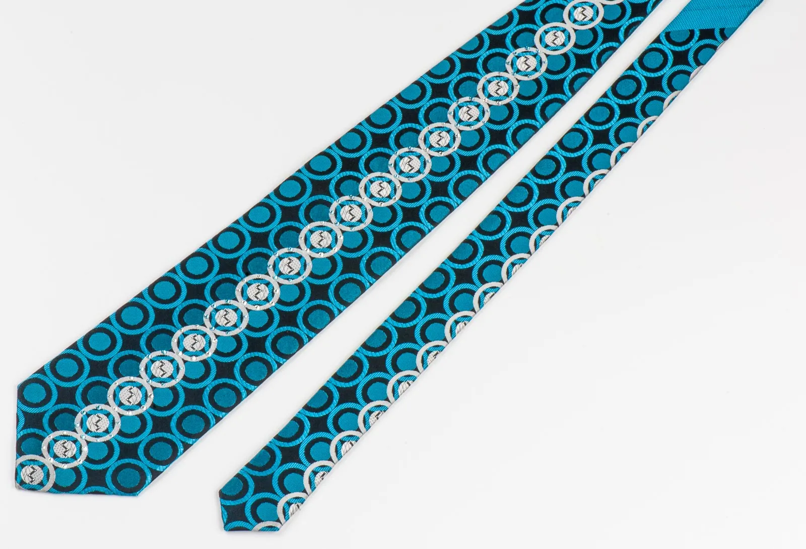 Roberta di Camerino Tie Silver Turquoise Circles On Navy Blue With Rhinestones