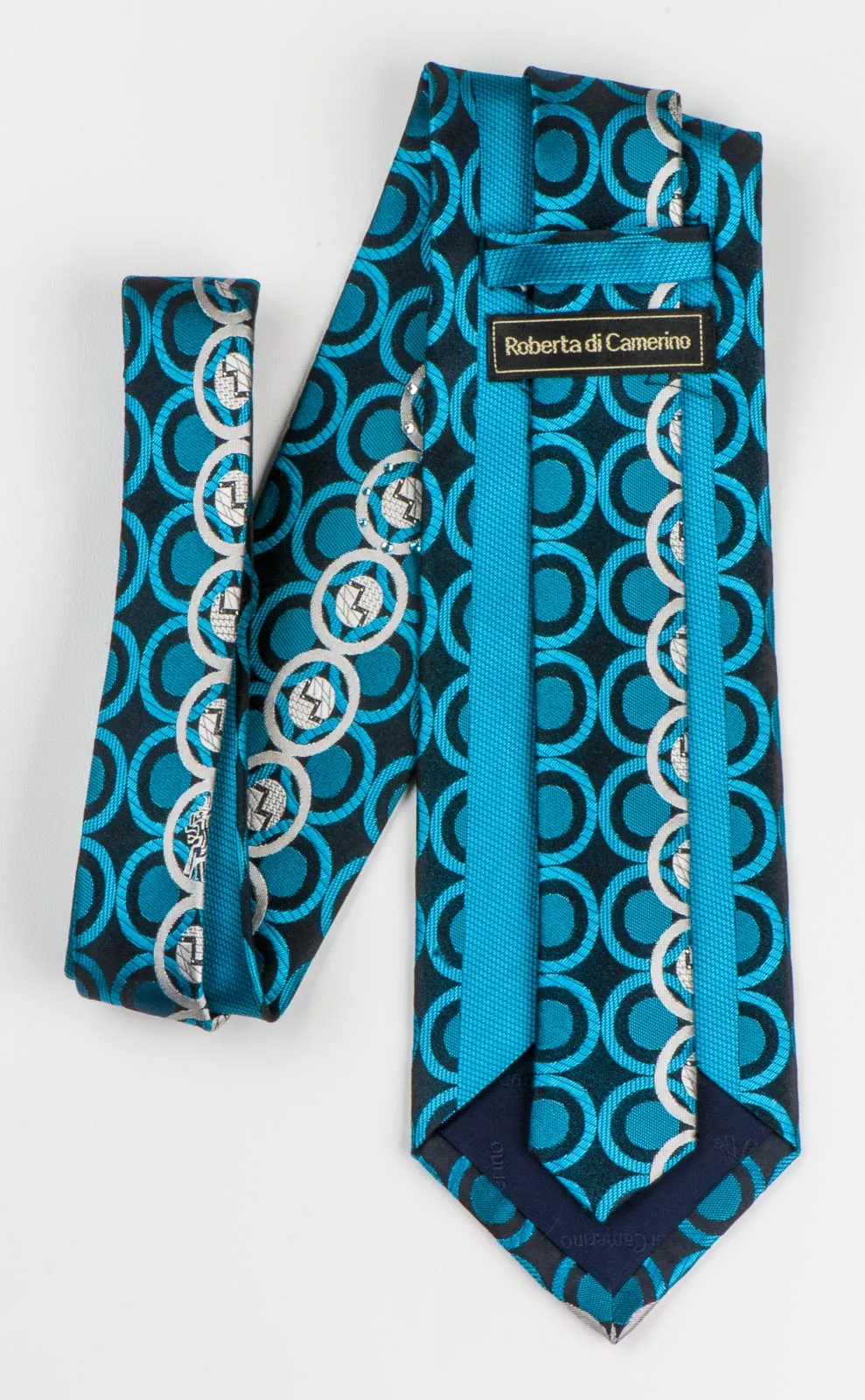 Roberta di Camerino Tie Silver Turquoise Circles On Navy Blue With Rhinestones