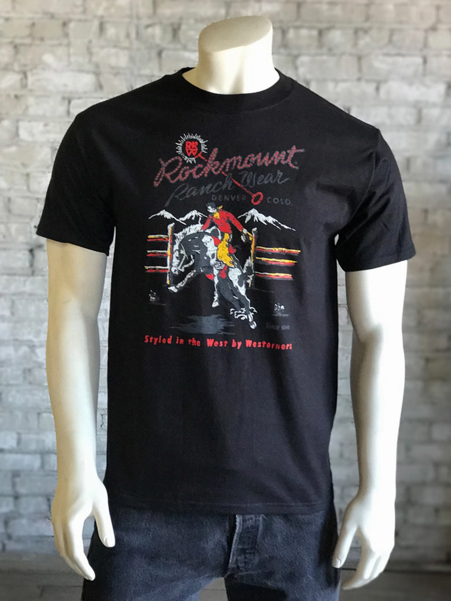 Rockmount Mens Black 100% Cotton Vintage RRW Bronc S/S T-shirt Casual Layer Tailored Cut