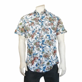 Seasonal Trend Rockmount Mens Blue 100% Rayon Hawaiian Floral Western S/S Shirt