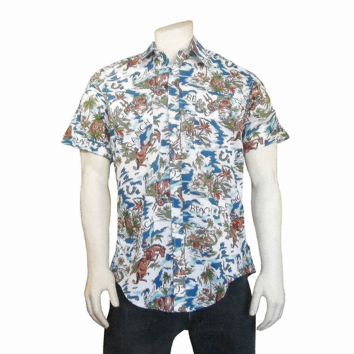 quick dry Rockmount Mens Blue 100% Rayon Hawaiian Floral Western S/S Shirt