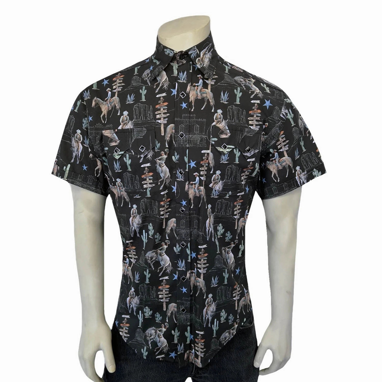 Rockmount Mens Cactus and Cowboys Black 100% Cotton S/S Shirt Shimmer Effect Sleek Fit