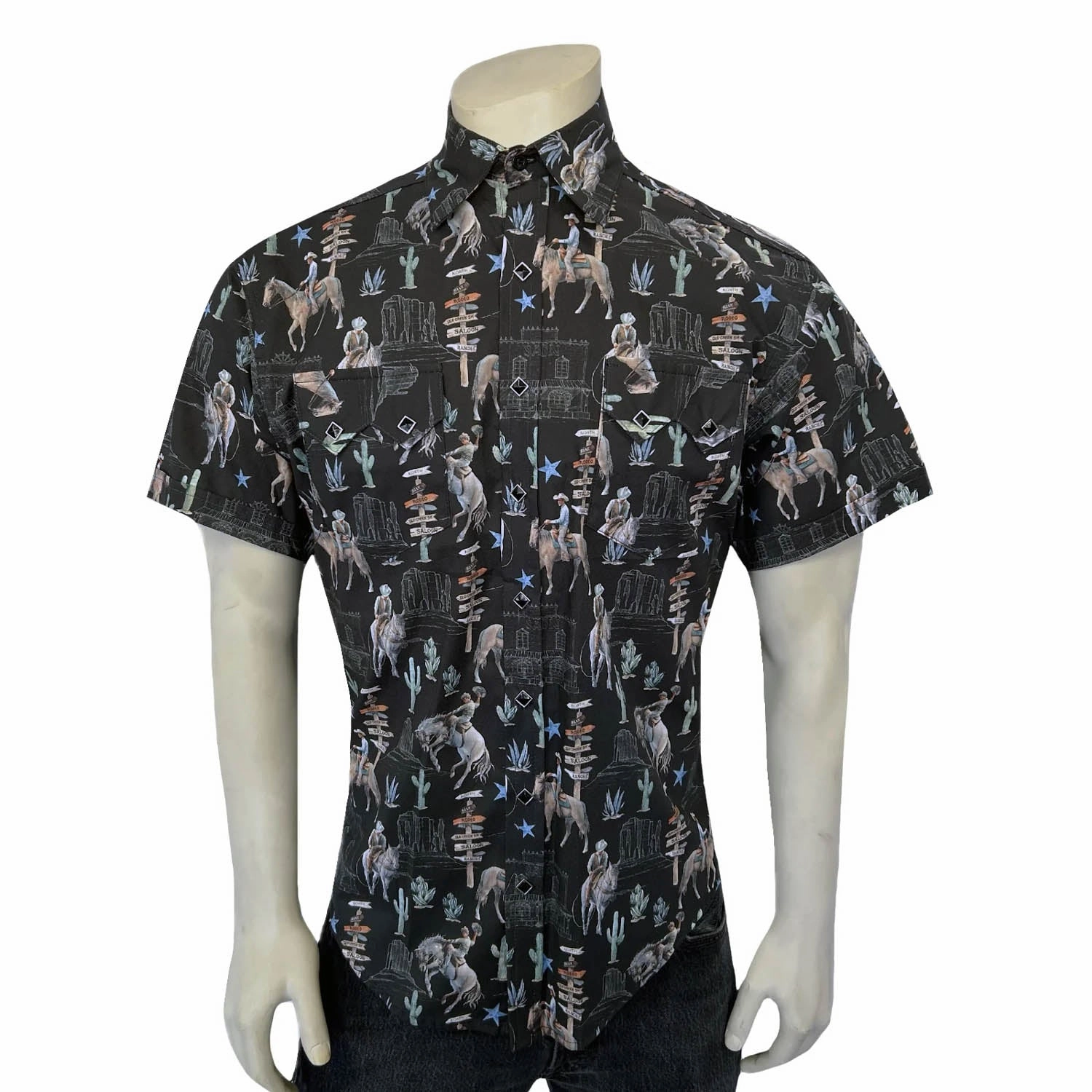 Petite Cut Rockmount Mens Cactus and Cowboys Black 100% Cotton S/S Shirt