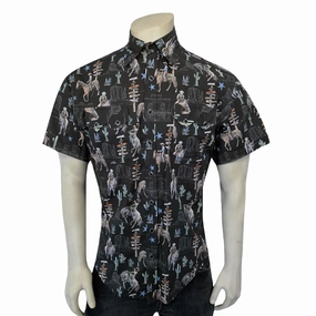 Rockmount Mens Cactus and Cowboys Black 100% Cotton S/S Shirt Shimmer Effect Sleek Fit