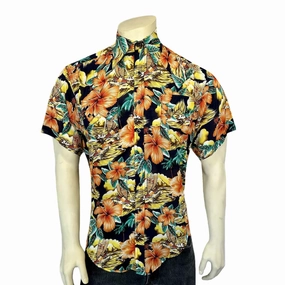 Relaxed Style Sustainable Manufacturing Process Rockmount Mens Hawaiian Print Western Orange 100% Rayon S/S Shirt