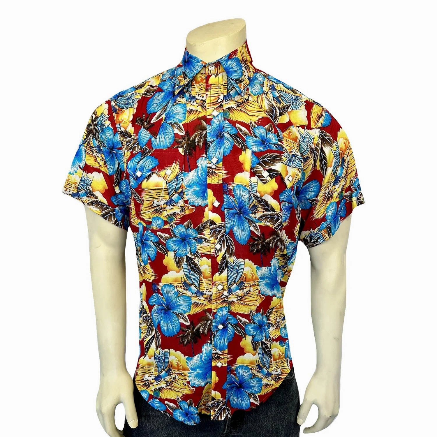 Classic Look Rockmount Mens Hawaiian Print Western Red 100% Rayon S/S Shirt