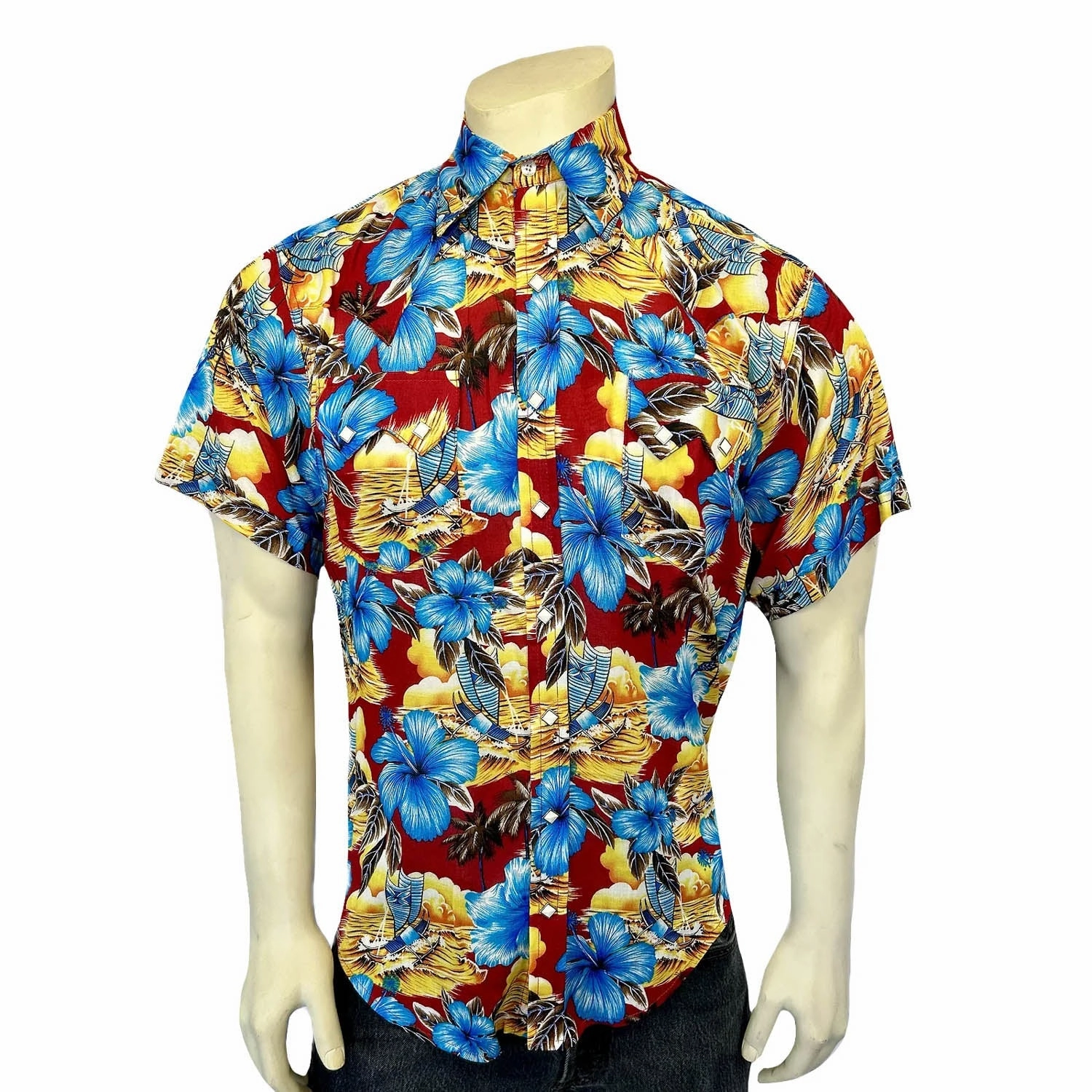 Rockmount Mens Hawaiian Print Western Red 100% Rayon S/S Shirt Traveler??s Choice