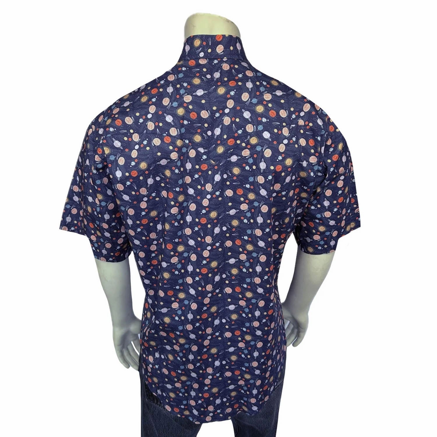 Rockmount Mens Solar System Print Navy 100% Cotton S/S Shirt Sustainable Dye Process Tagless label