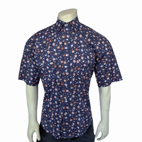 Trendy Fit Rockmount Mens Solar System Print Navy 100% Cotton S/S Shirt
