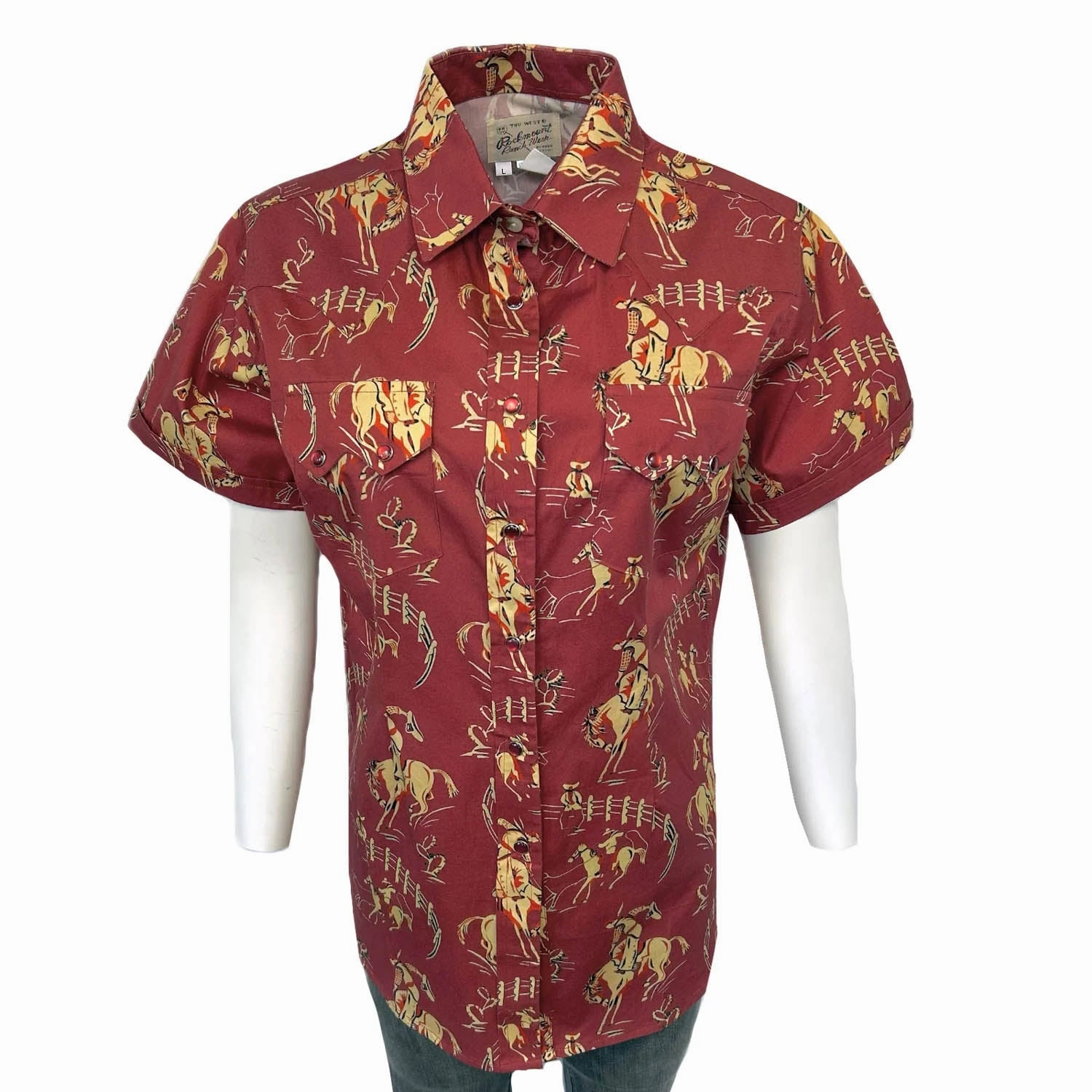 Winter Fashion Rockmount Womens Vintage Bronc Print Red 100% Cotton S/S Shirt