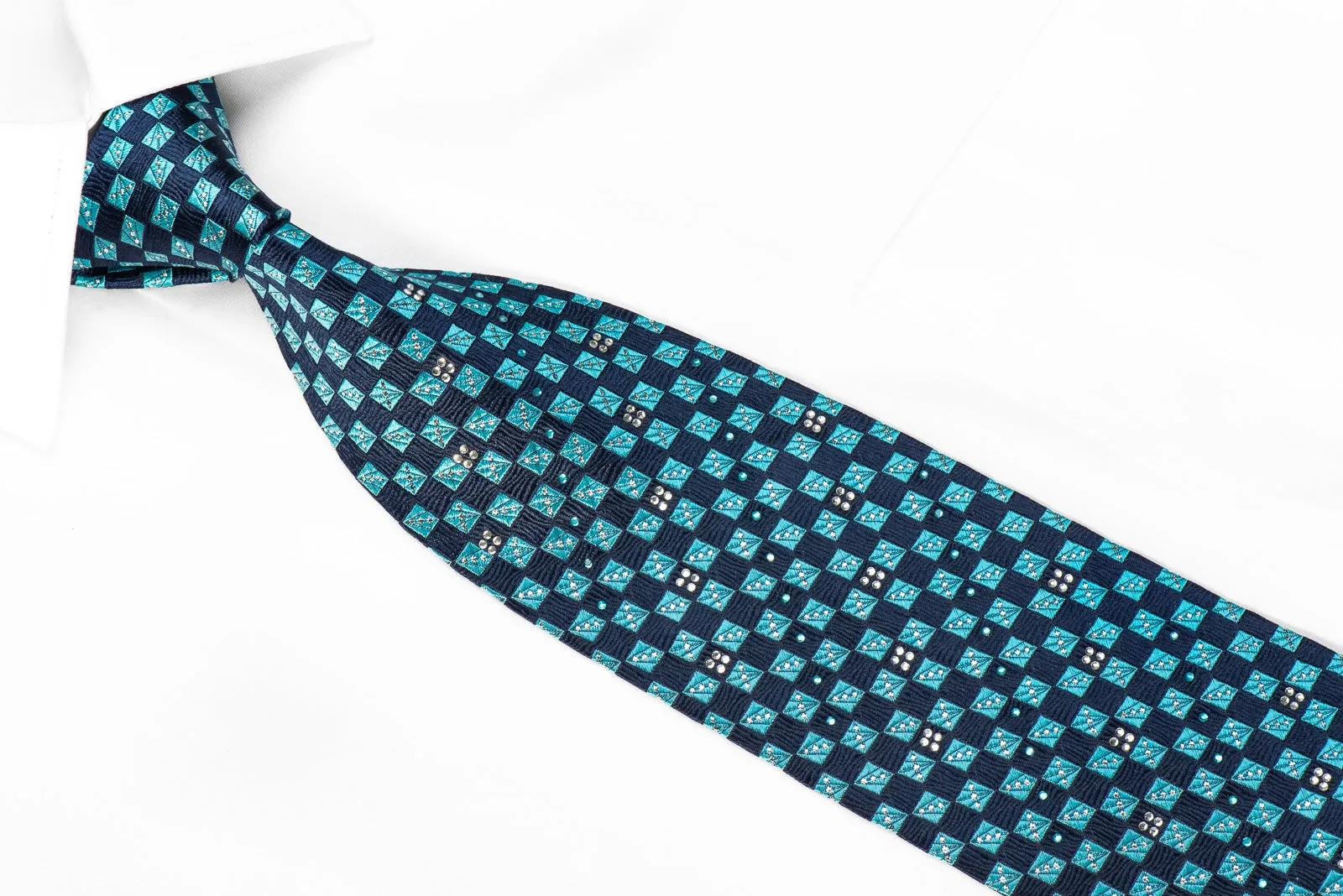 Rogers Dail Men's Crystal Silk Necktie Turquoise Teal Checkered With Sparkles