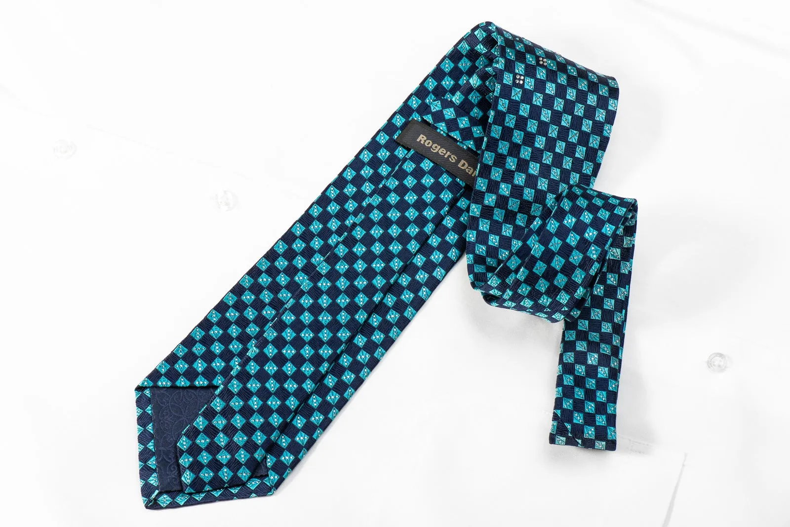 Rogers Dail Men's Crystal Silk Necktie Turquoise Teal Checkered With Sparkles