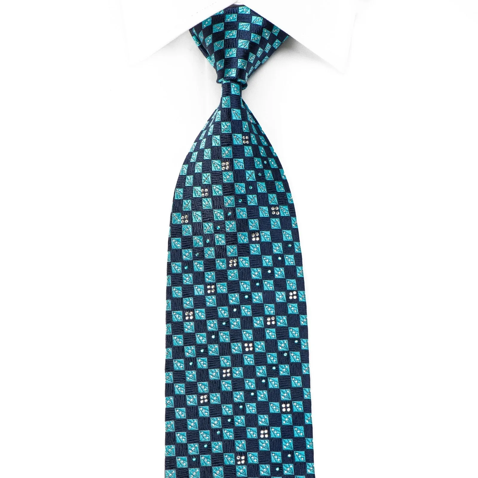 Rogers Dail Men's Crystal Silk Necktie Turquoise Teal Checkered With Sparkles