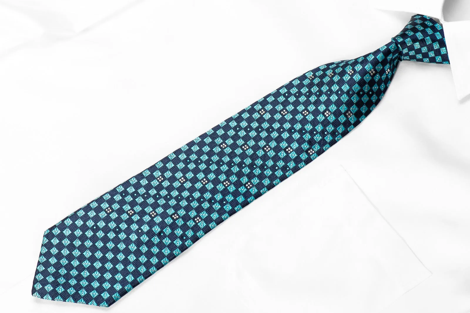 Rogers Dail Men's Crystal Silk Necktie Turquoise Teal Checkered With Sparkles
