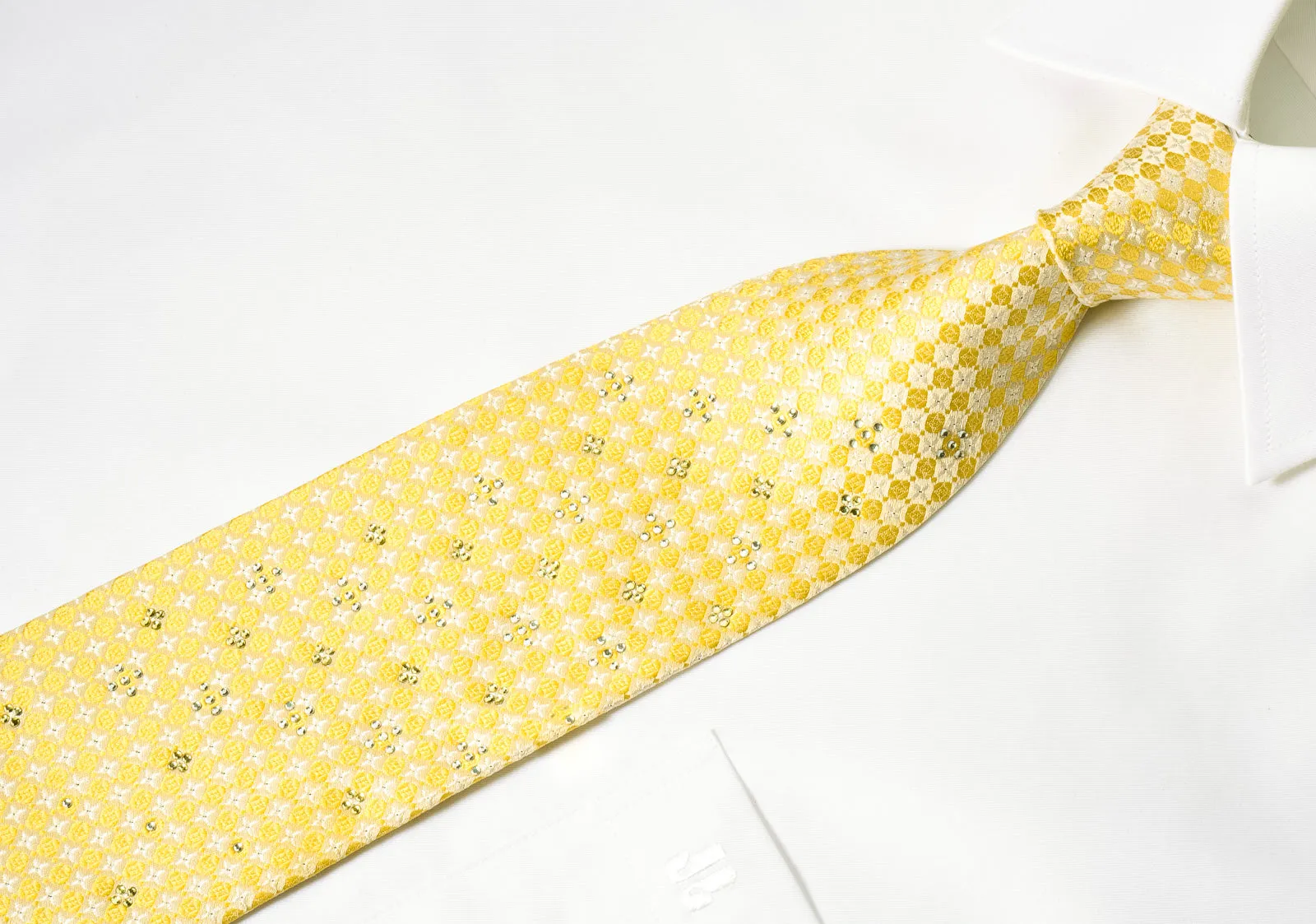 Rogers Dail Silk Rhinestone Necktie Yellow White Foulard With Silver Sparkles