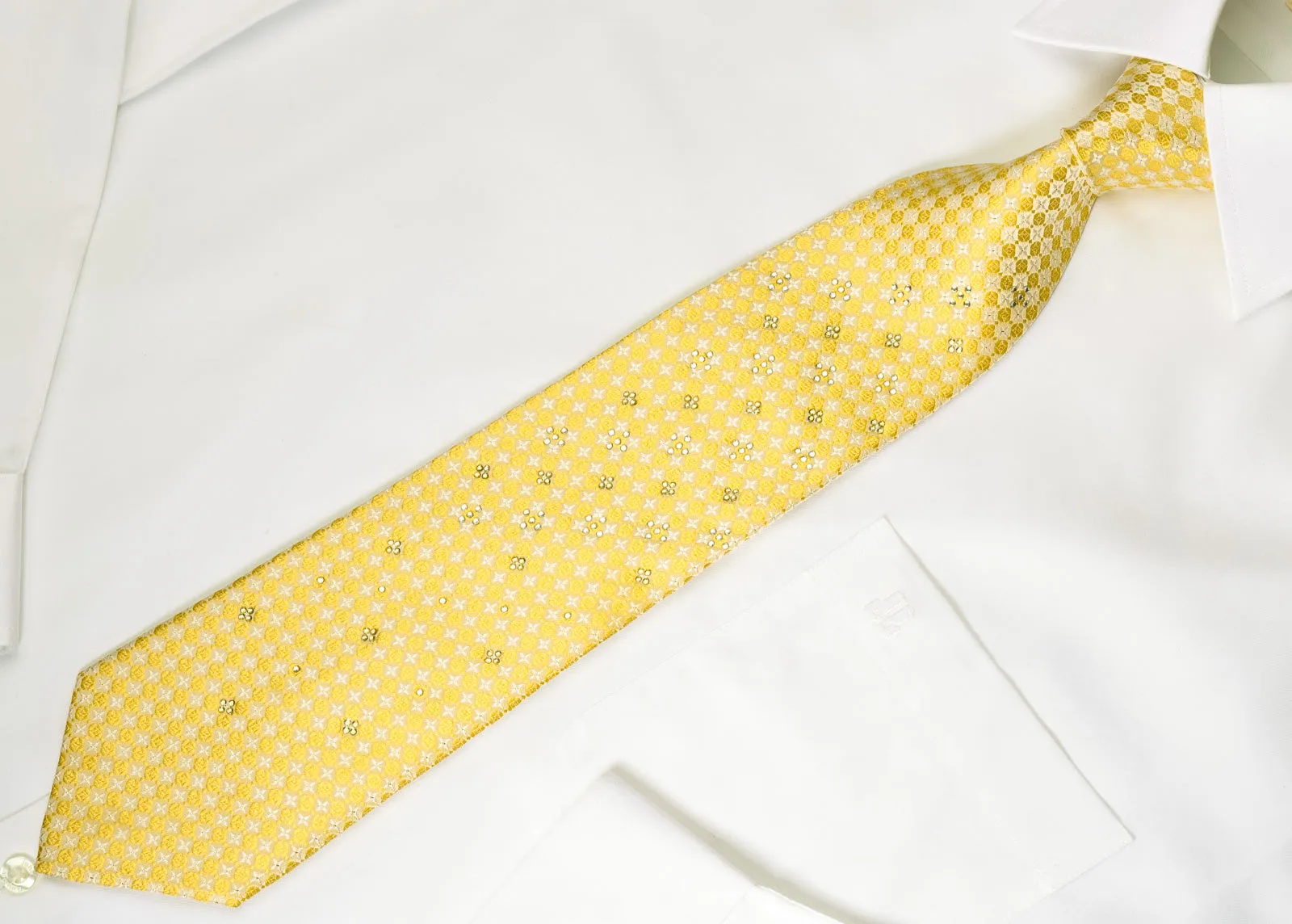Rogers Dail Silk Rhinestone Necktie Yellow White Foulard With Silver Sparkles