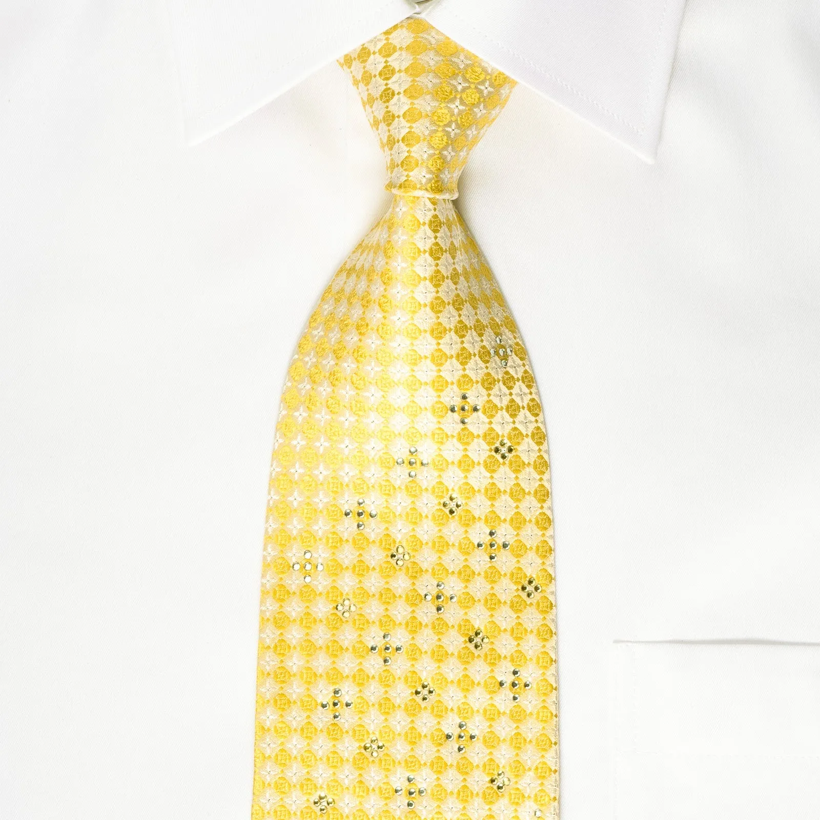 Rogers Dail Silk Rhinestone Necktie Yellow White Foulard With Silver Sparkles