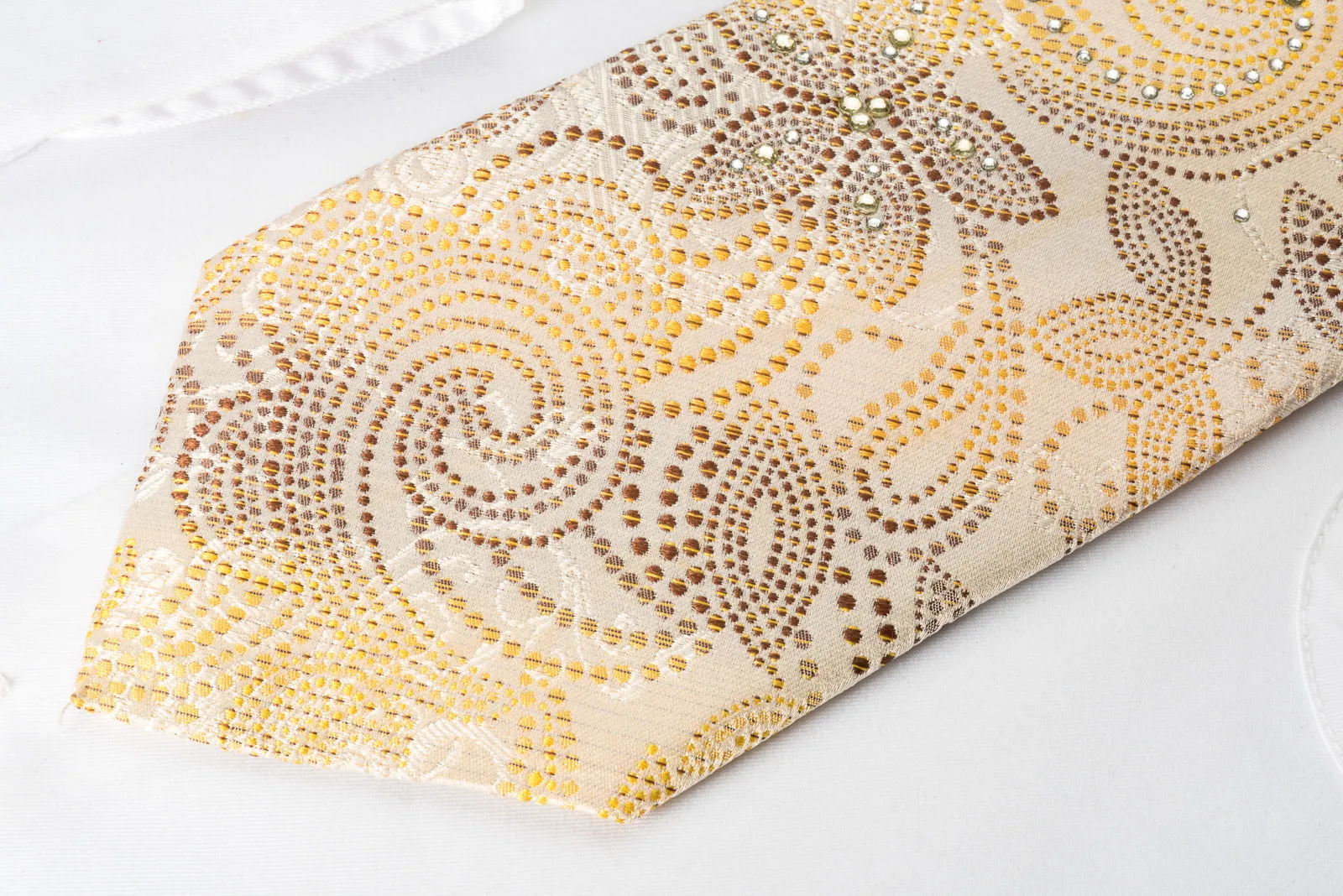 Rogers Dail Silk Tie Brown Orange Paisley On Cream Beige With Sparkling Bling Rhinestones