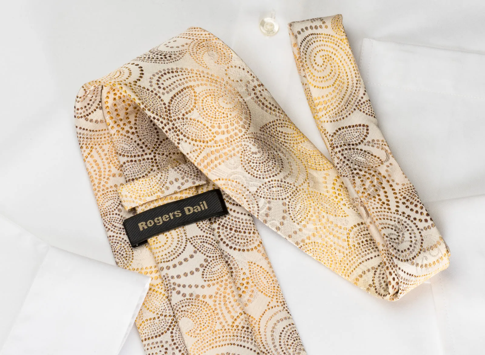 Rogers Dail Silk Tie Brown Orange Paisley On Cream Beige With Sparkling Bling Rhinestones