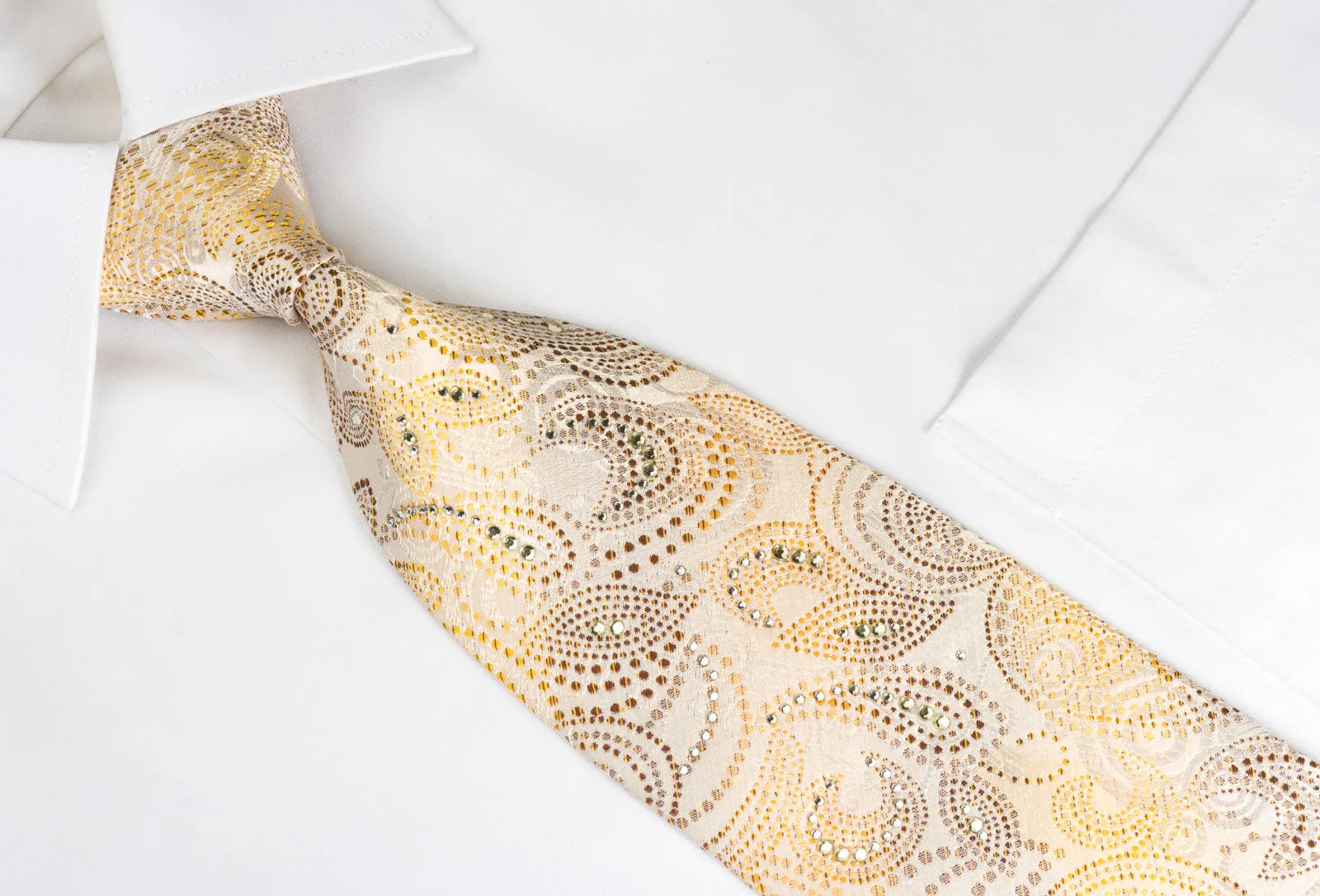 Rogers Dail Silk Tie Brown Orange Paisley On Cream Beige With Sparkling Bling Rhinestones