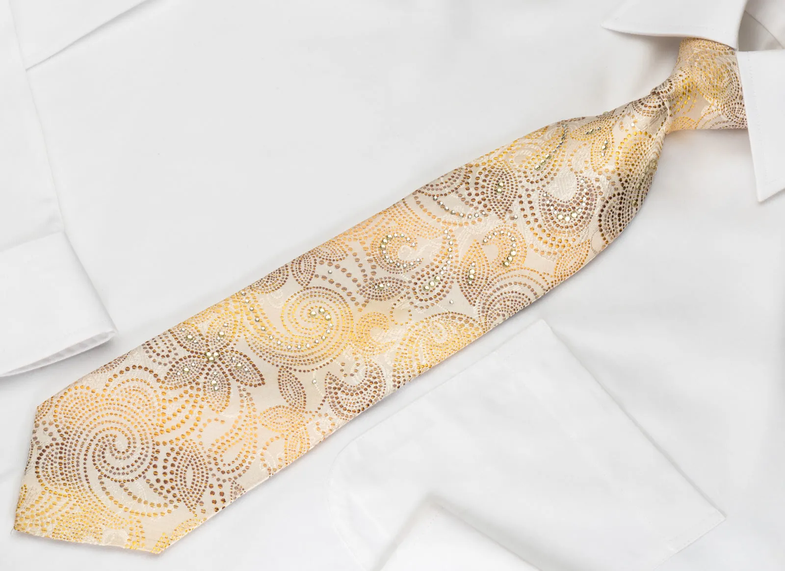Rogers Dail Silk Tie Brown Orange Paisley On Cream Beige With Sparkling Bling Rhinestones