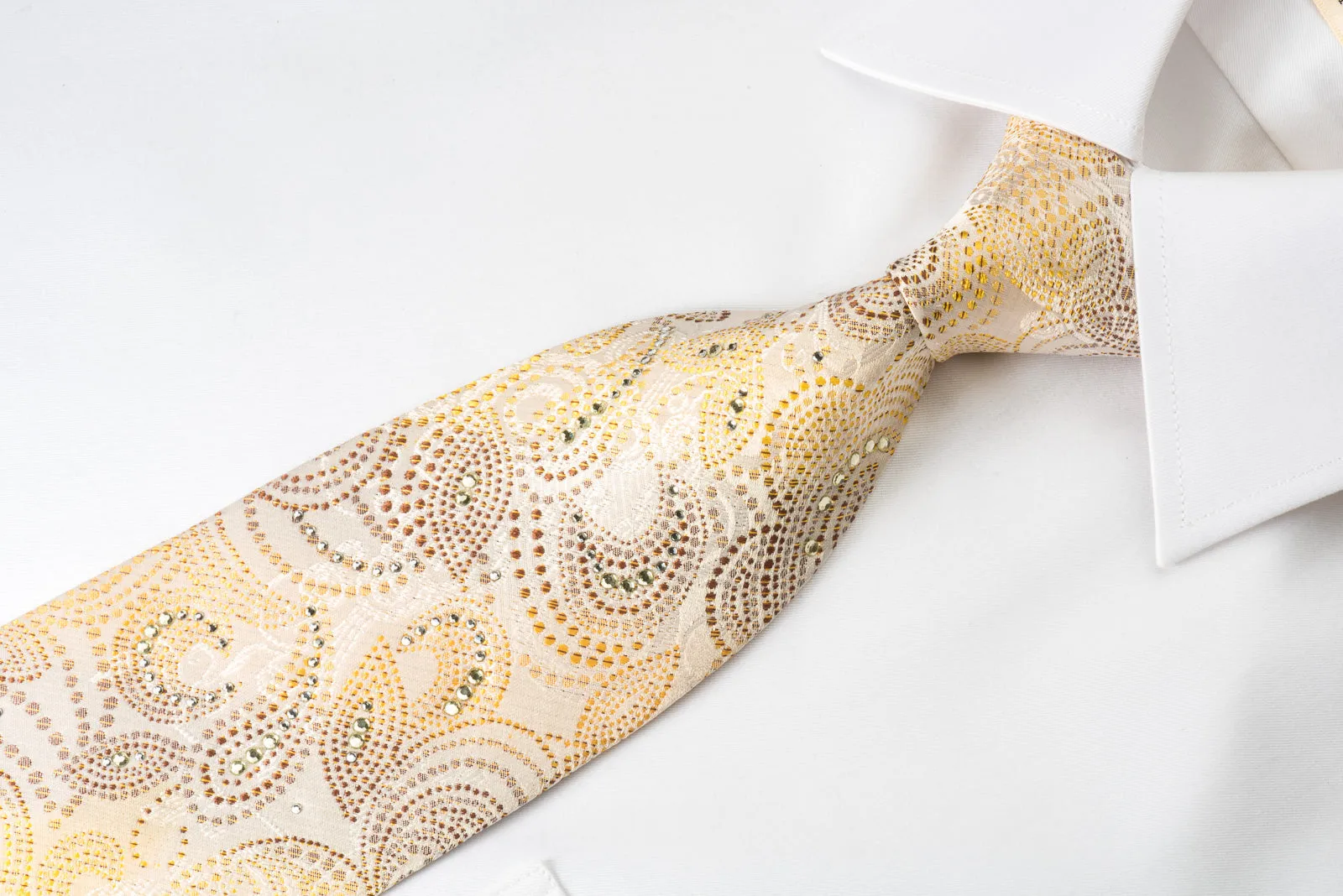 Rogers Dail Silk Tie Brown Orange Paisley On Cream Beige With Sparkling Bling Rhinestones