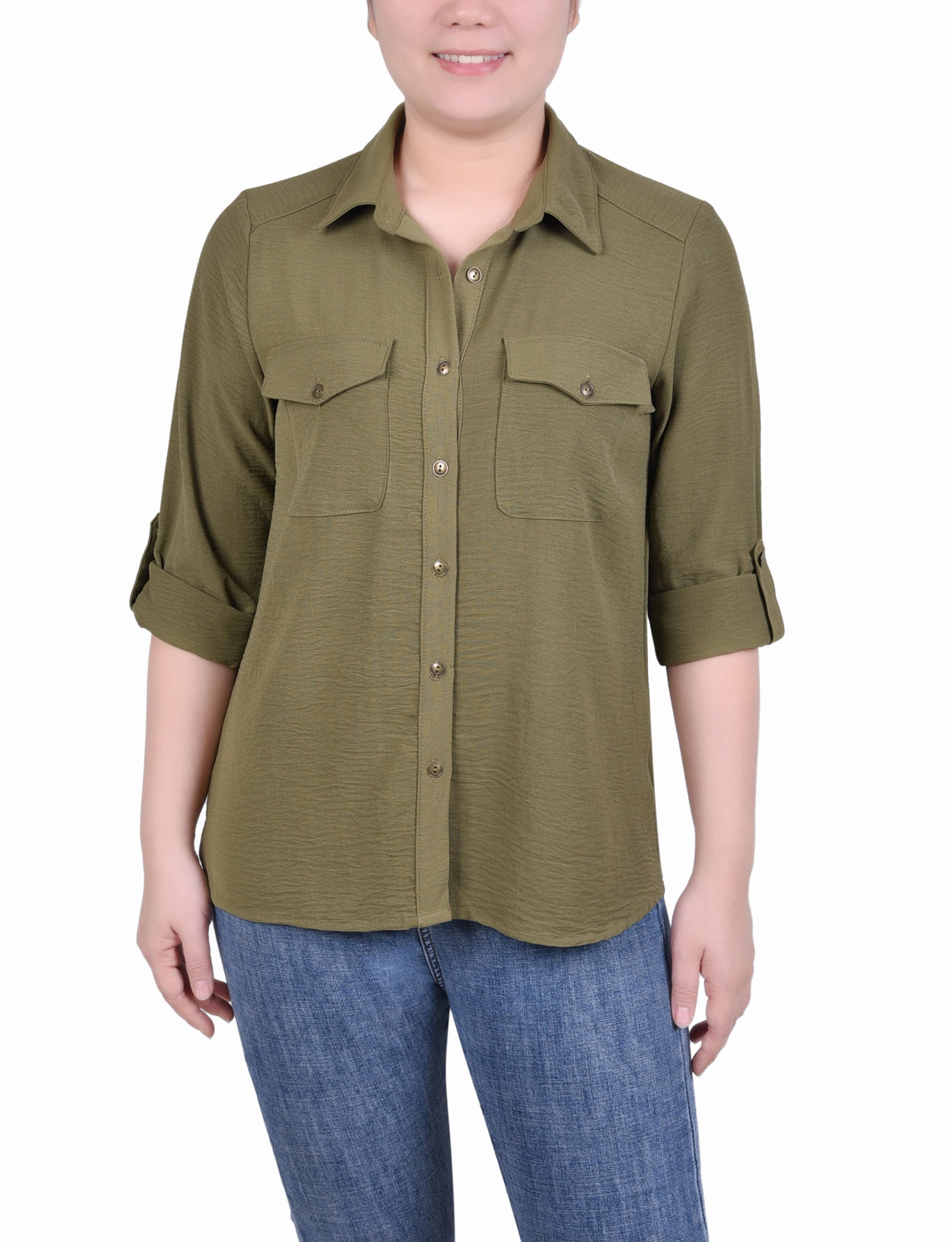 Roll Tab Blouse Hidden Storage Pockets Moisture Wicking Material