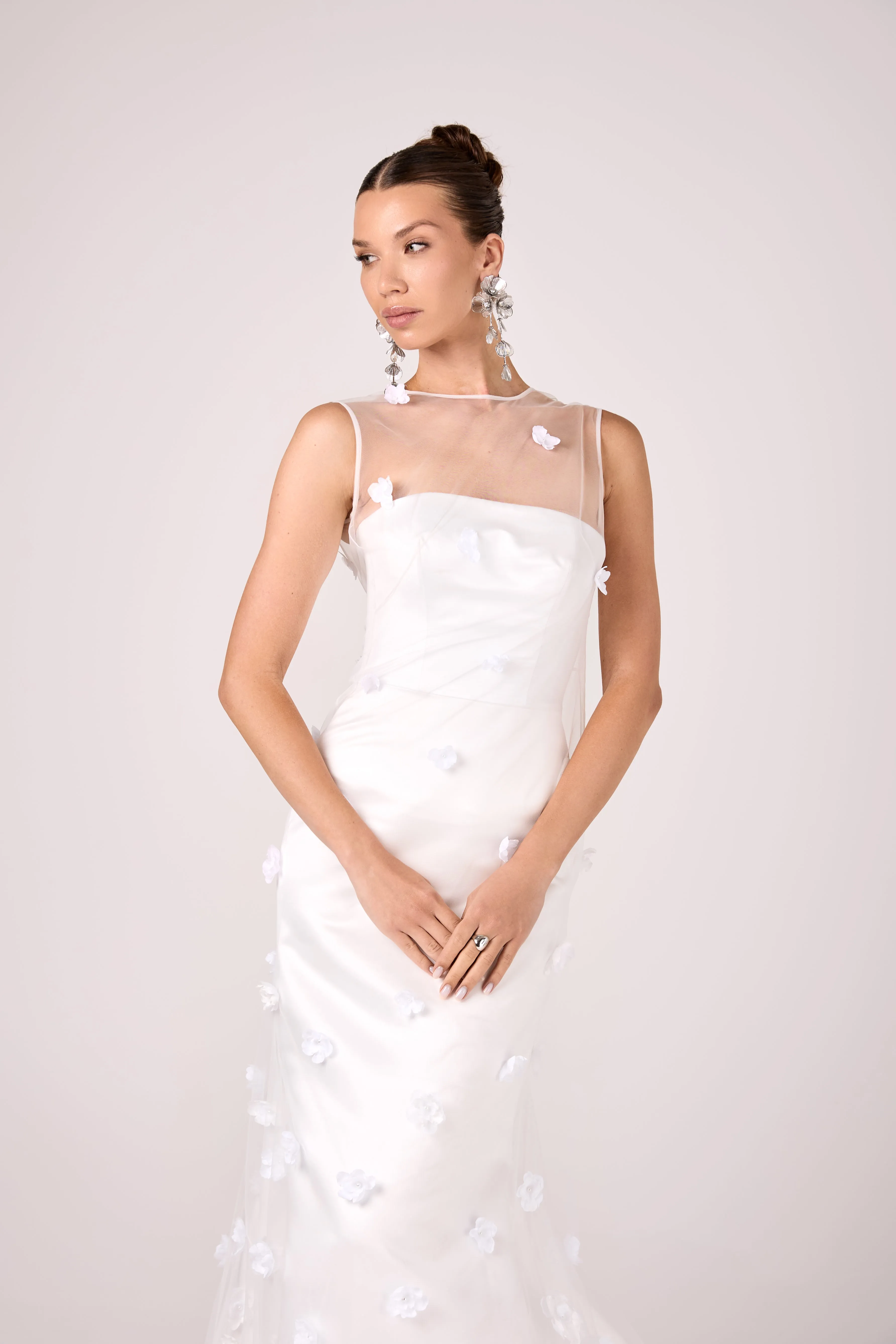 Romantic Satin Mermaid Gown with Sheer Illusion Neckline and 3D Floral Accents