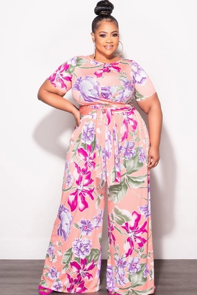 Final Sale Plus Size 2pc Short Sleeve Tie Top and Pants Set in Coral & Lavender Multi Color Print Eco Friendly Dyeing ExpandableSidePanels