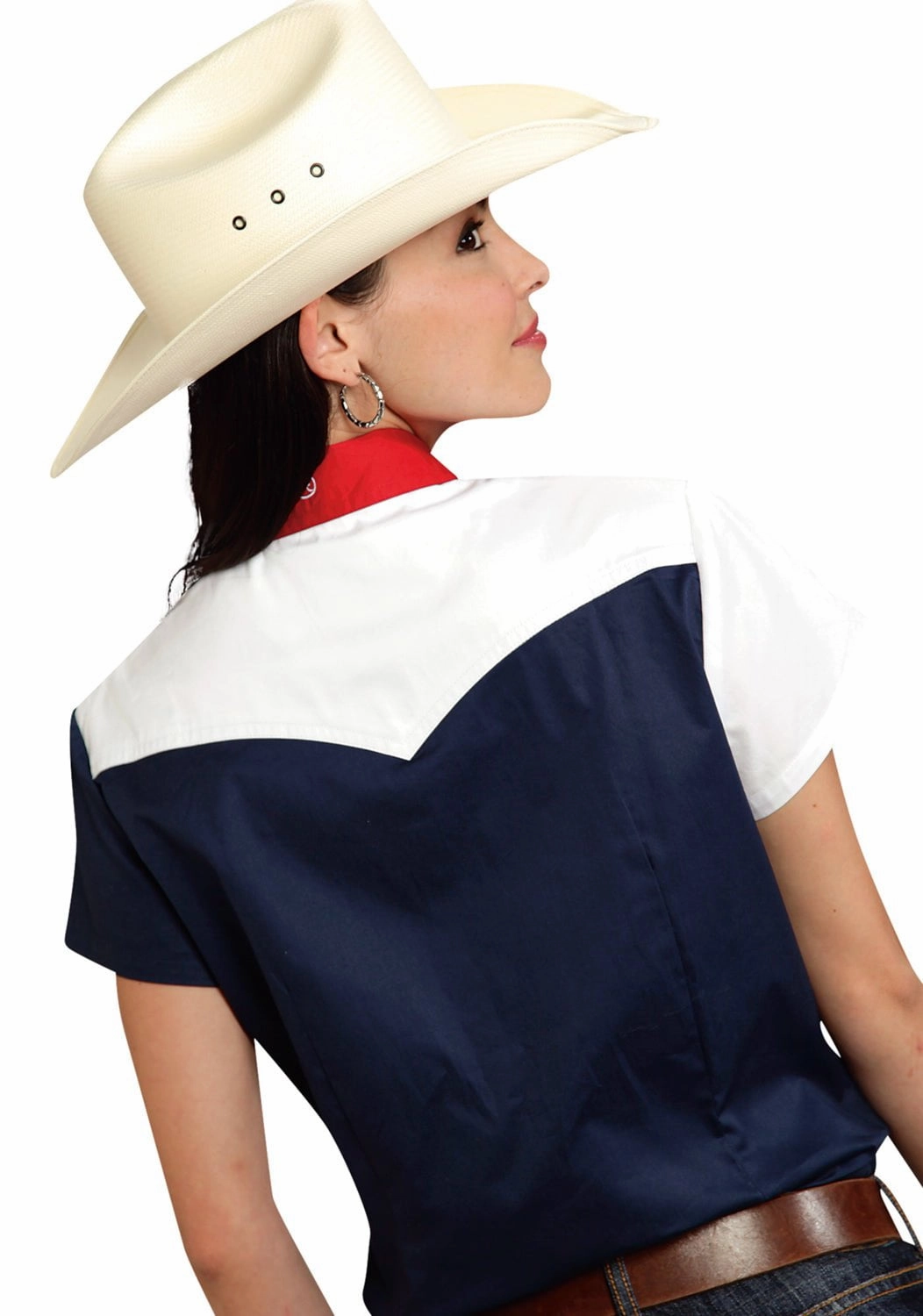 Edgy style Petite Option Roper Americana Ladies Blue 100% Cotton Colorblock S/S Flag Western Shirt