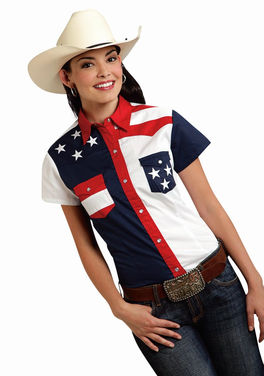 Roper Americana Ladies Blue 100% Cotton Colorblock S/S Flag Western Shirt Tear Resistant Reinforcement Round Collar
