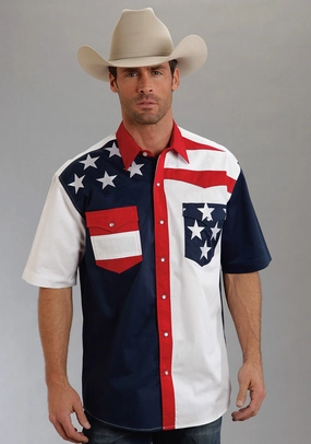 Roper Americana Mens Blue 100% Cotton S/S Colorblock Flag Snap Western Shirt tall size Urban Style
