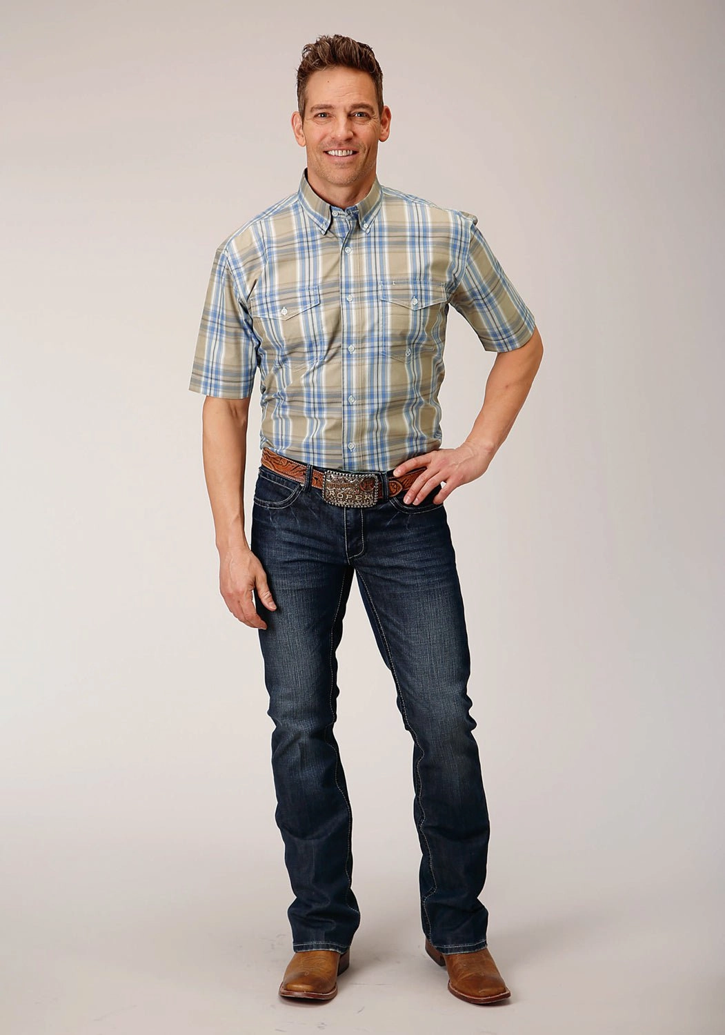 Comfortable Fabric Trendy Outfit Roper Mens 1552 Sandy Plaid Tan 100% Cotton Btn S/S Shirt