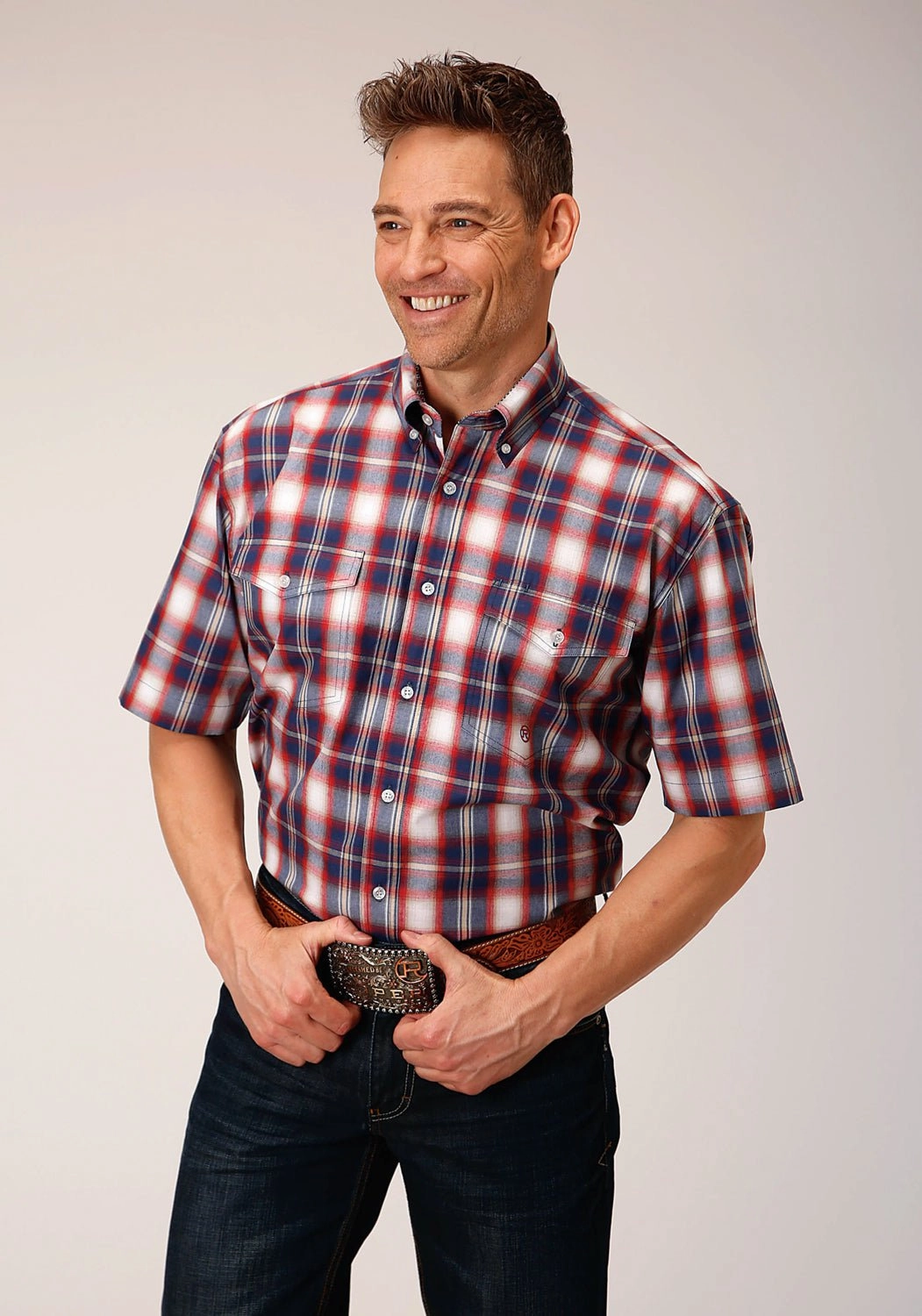 Roper Mens 1553 Independence Plaid Blue 100% Cotton Btn S/S Shirt Sustainable fashion Casual Day