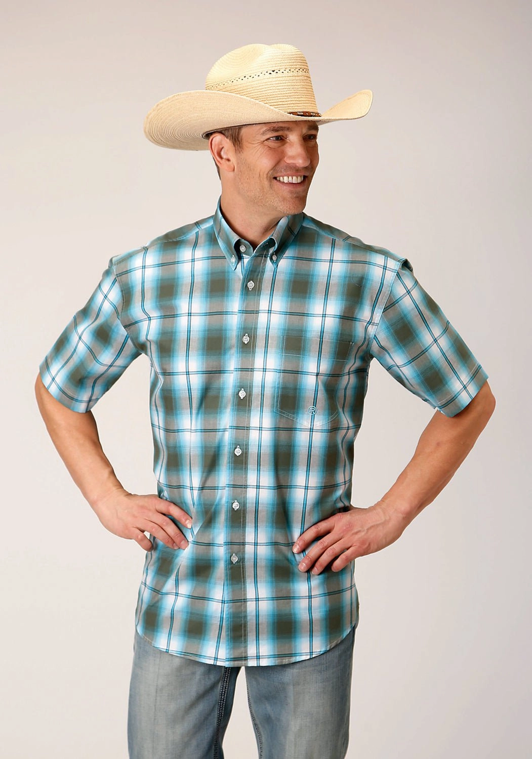 Business casual Roper Mens 1555 Meadow Plaid Green 100% Cotton 1 Pkt S/S Shirt