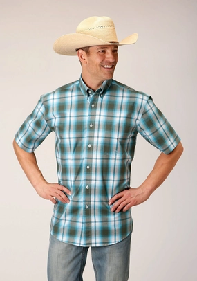 Business casual Roper Mens 1555 Meadow Plaid Green 100% Cotton 1 Pkt S/S Shirt