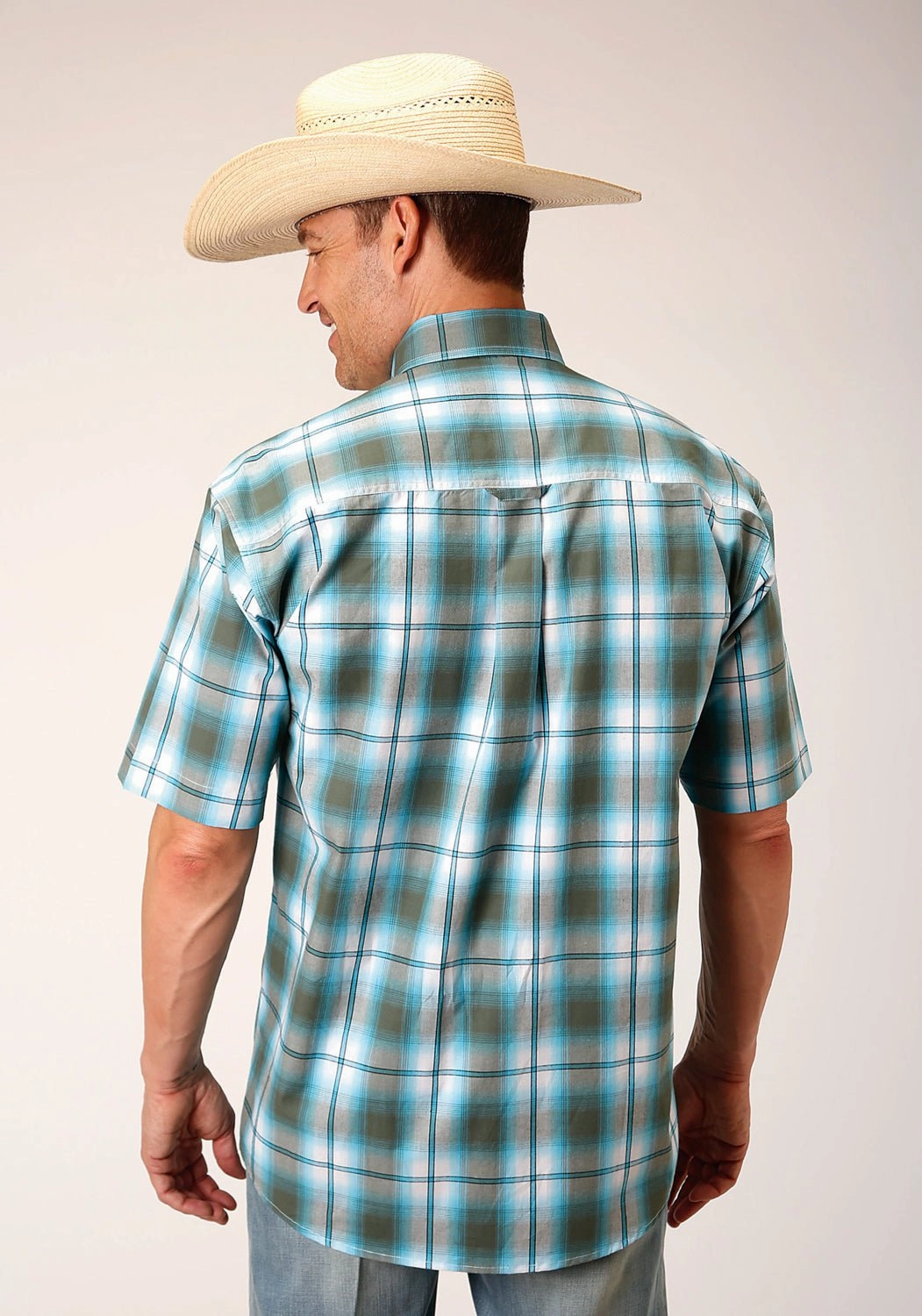 Roper Mens 1555 Meadow Plaid Green 100% Cotton 1 Pkt S/S Shirt Layered Sleeve Cuffs Work Appropriate