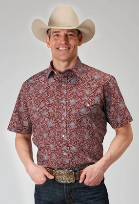 Roper Mens 1896 Vintage Paisley Red 100% Cotton S/S Shirt Soft Wear Functional Wear