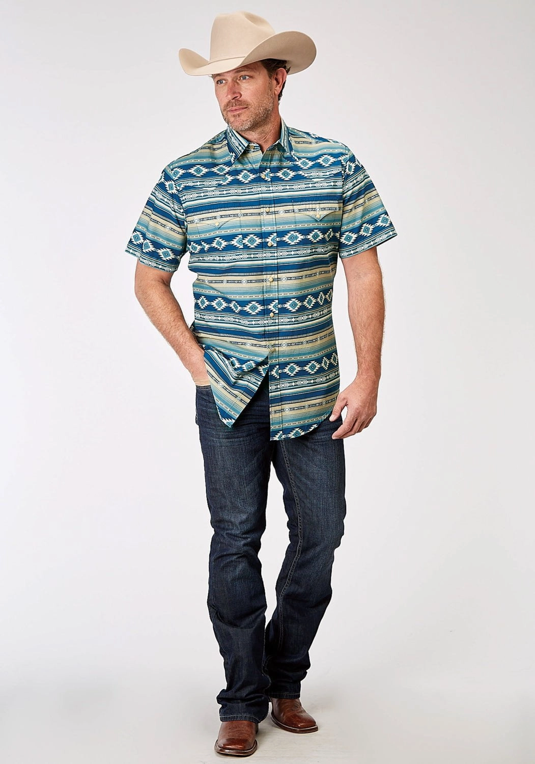 Cozy Wear Roper Mens 1899 Aztec Blanket Blue 100% Cotton S/S Shirt