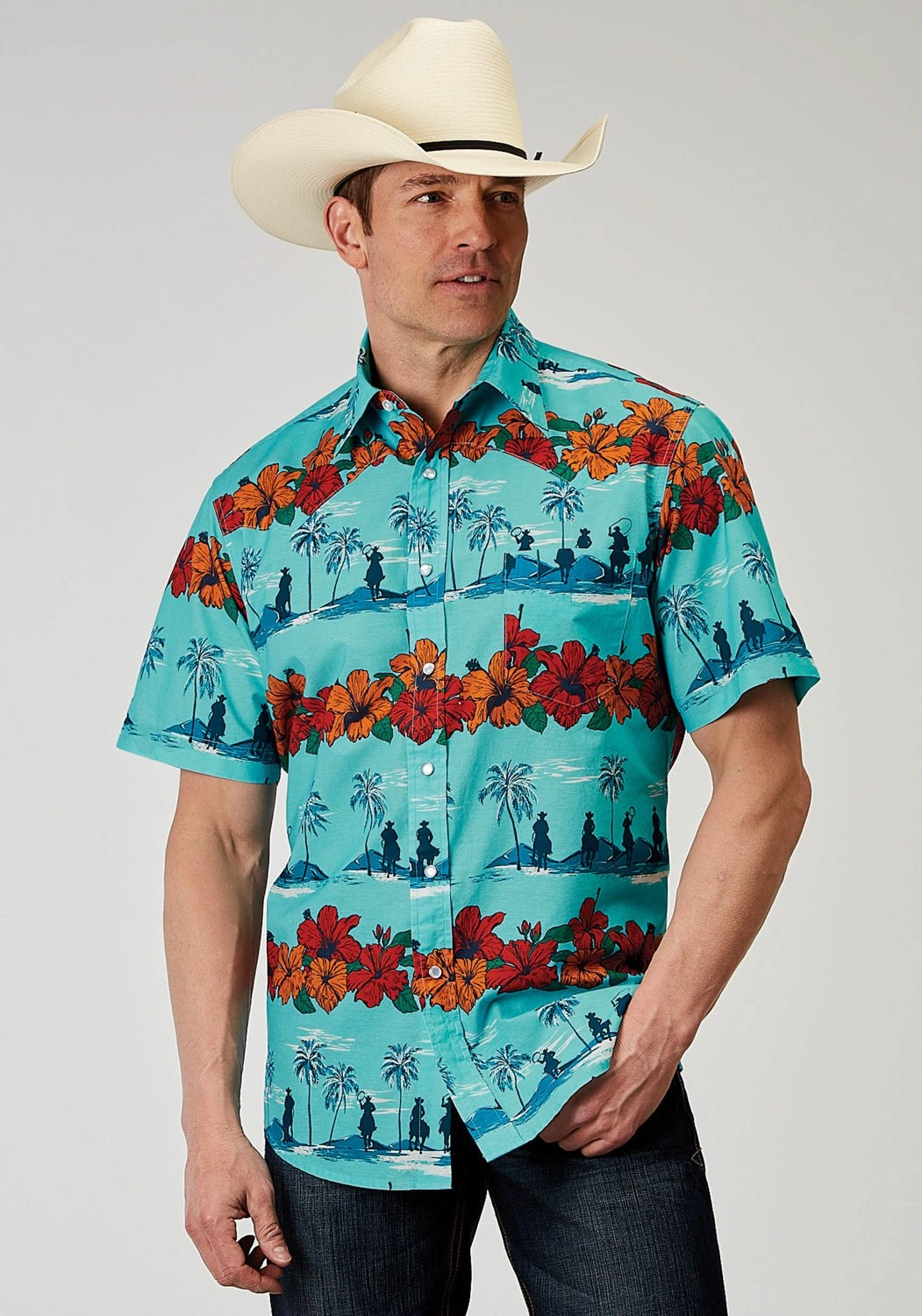Roper Mens 1900 Hawaiian Blue 100% Cotton 1 Pkt S/S Shirt Pocket Detailing