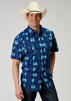 Adjustable Cuffs Roper Mens 1907 Hawaiian Ombre Blue 100% Cotton S/S Shirt