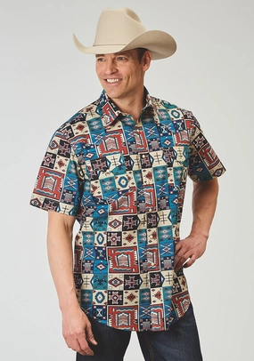 Roper Mens 1909 Vintage Patchwork Multi-Color 100% Cotton S/S Shirt Winter Collection Flexible Shoulder Construction