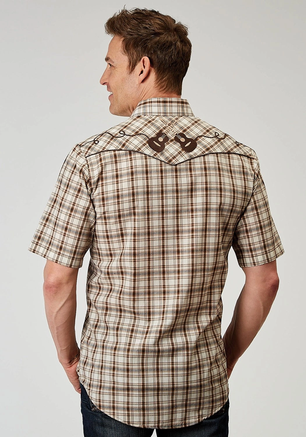 Durable Texture Roper Mens 1968 Desert Plaid Brown Cotton Blend Guitars S/S Shirt