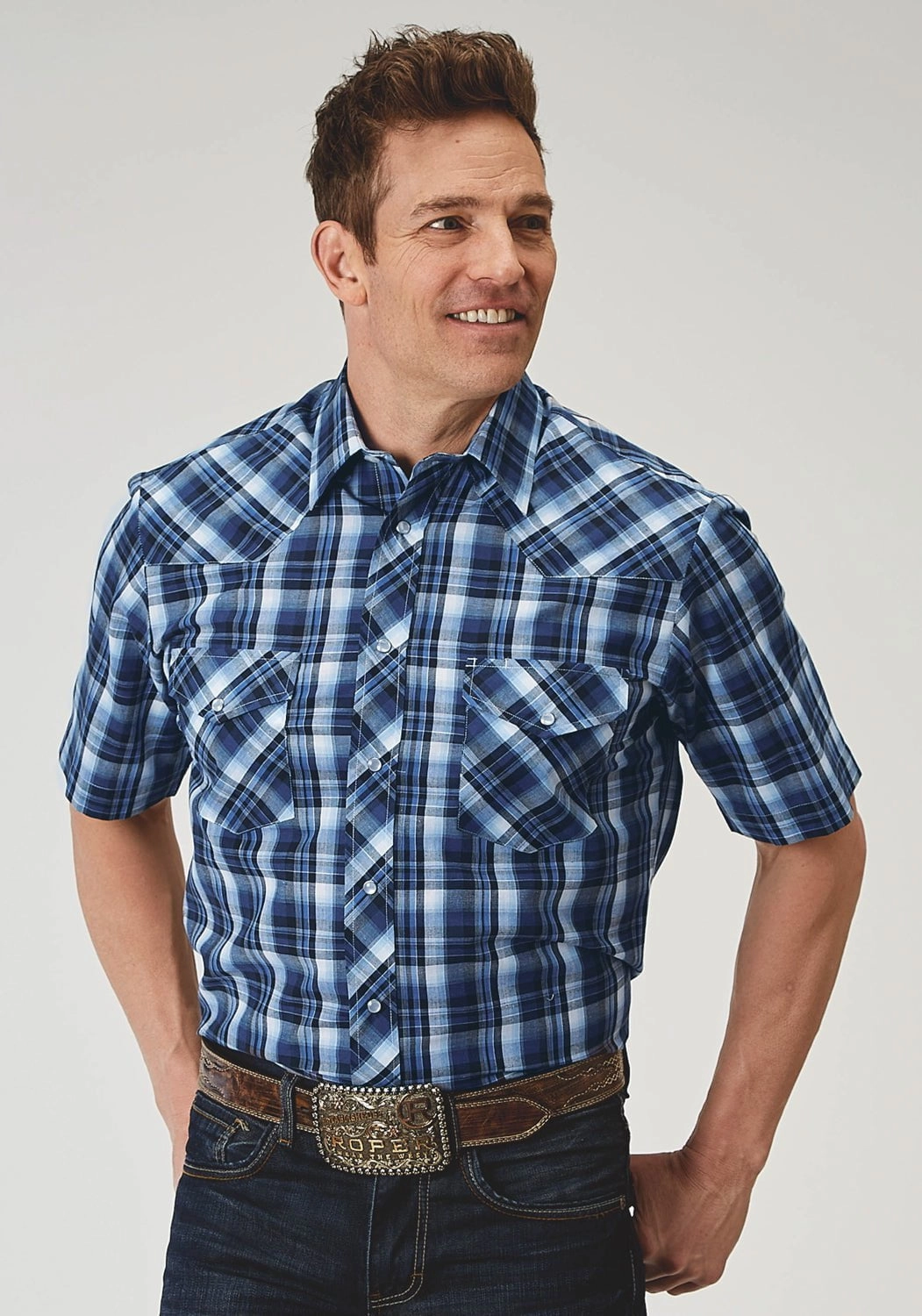 All-Purpose Wear Roper Mens 1975 Midnight Plaid Blue Cotton Blend S/S Shirt