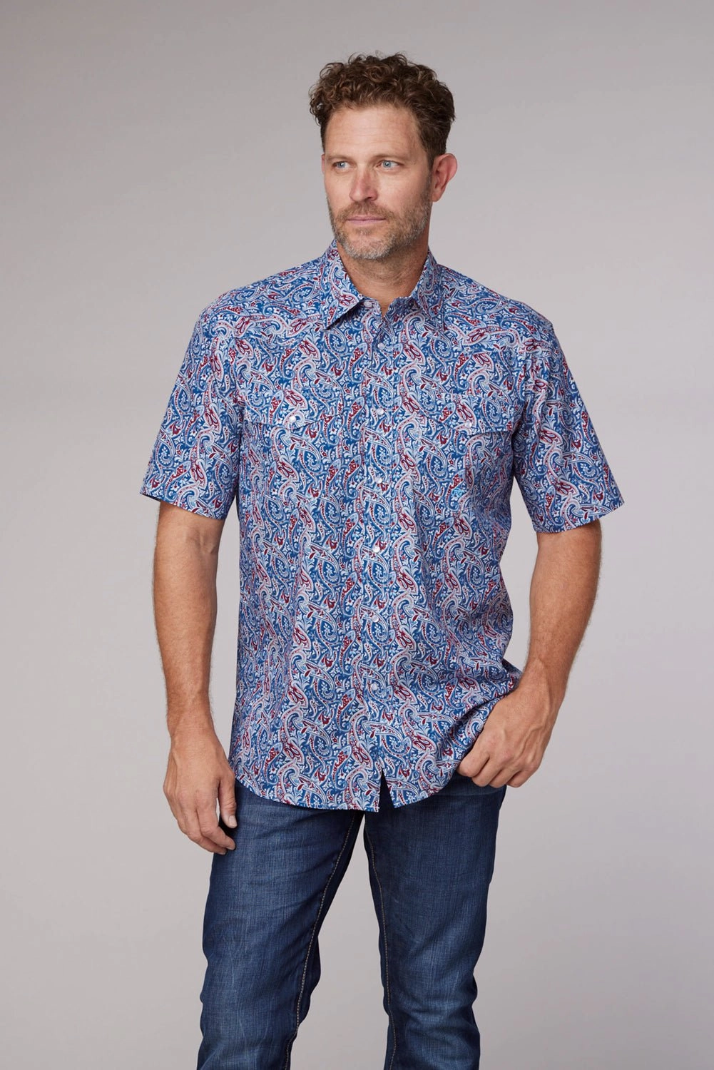 Roper Mens 2024 River Paisley Blue 100% Cotton S/S Shirt Glossy Texture Beach Ready