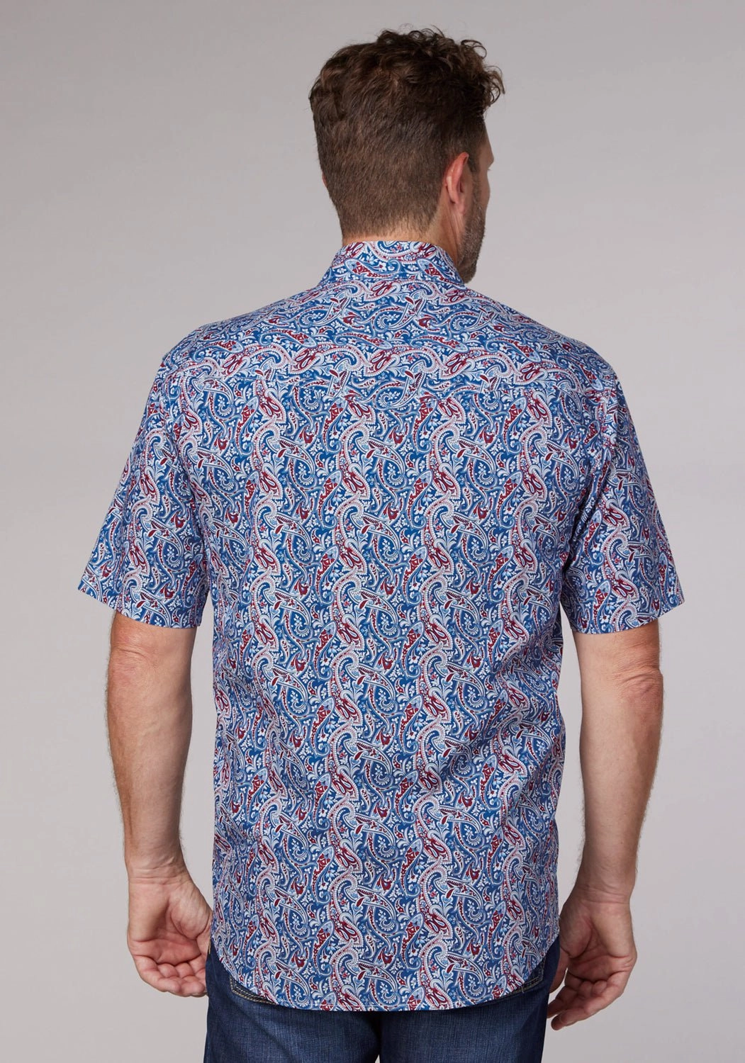 Distressed finish Roper Mens 2024 River Paisley Blue 100% Cotton S/S Shirt