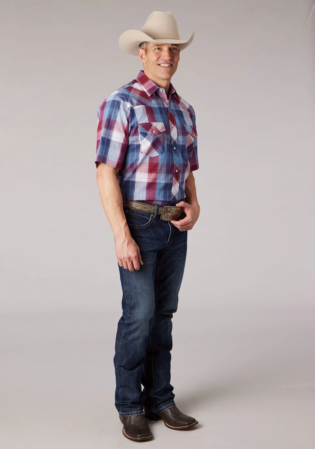 Roper Mens 2059 Lurex Plaid Red/White Cotton Blend S/S Shirt On-The-Go Style