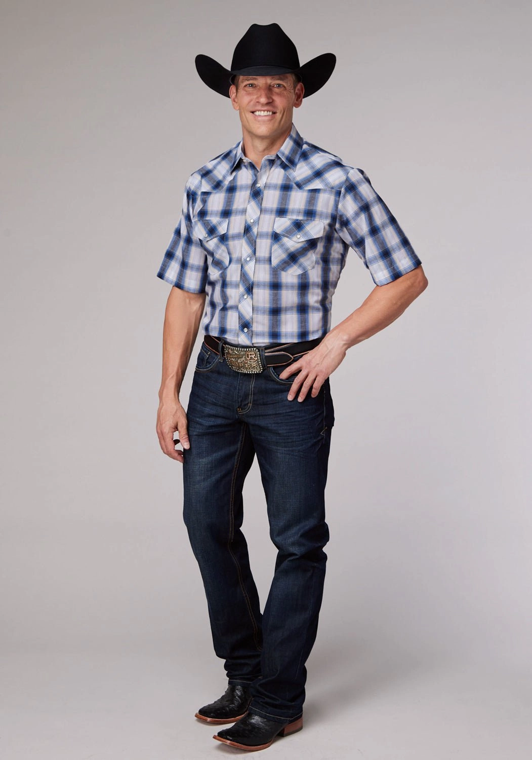 Cocktail Event Roper Mens 2060 Plaid Navy/Cream Cotton Blend S/S Shirt